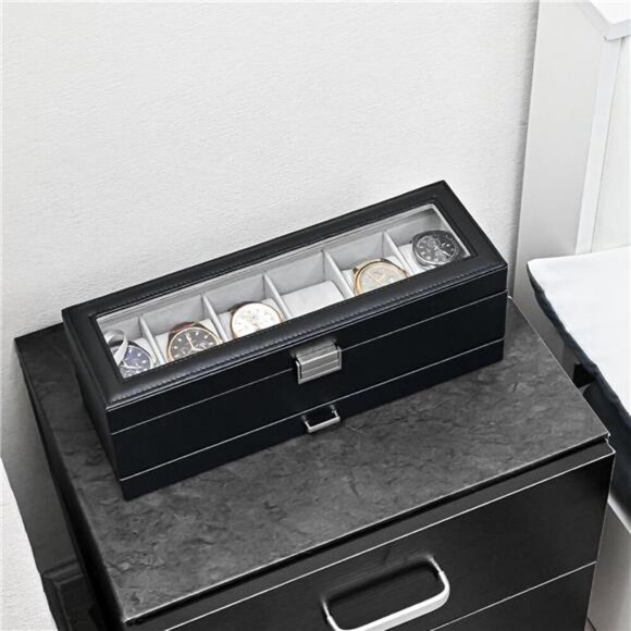 Watch Display Case 6 Slot Glass Lid Jewelry Drawer Black Leather Organizer - Picture 6 of 7